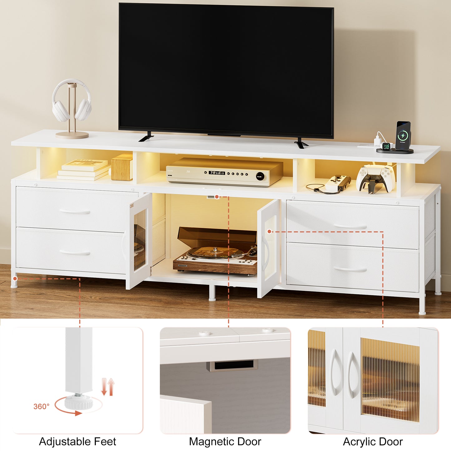 GUNAITO TV Stand for TV up to 75", Big TV Stand for Living Room Entertainment Center with LED Lights and Storage , White