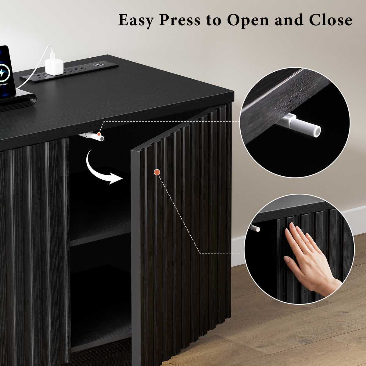GUNAITO Fluted TV Stand for TVs up to 70", Home Entertainment Center with Storage for Living Room, Black
