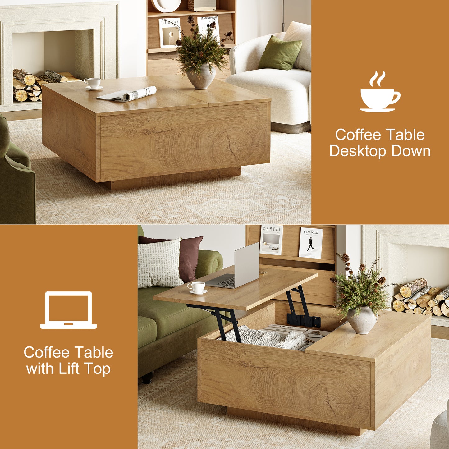 GUNAITO Lift Top Coffee Table with Storage, Square coffee table and modern Farmhouse Center Table for Living Room, Natural wood color