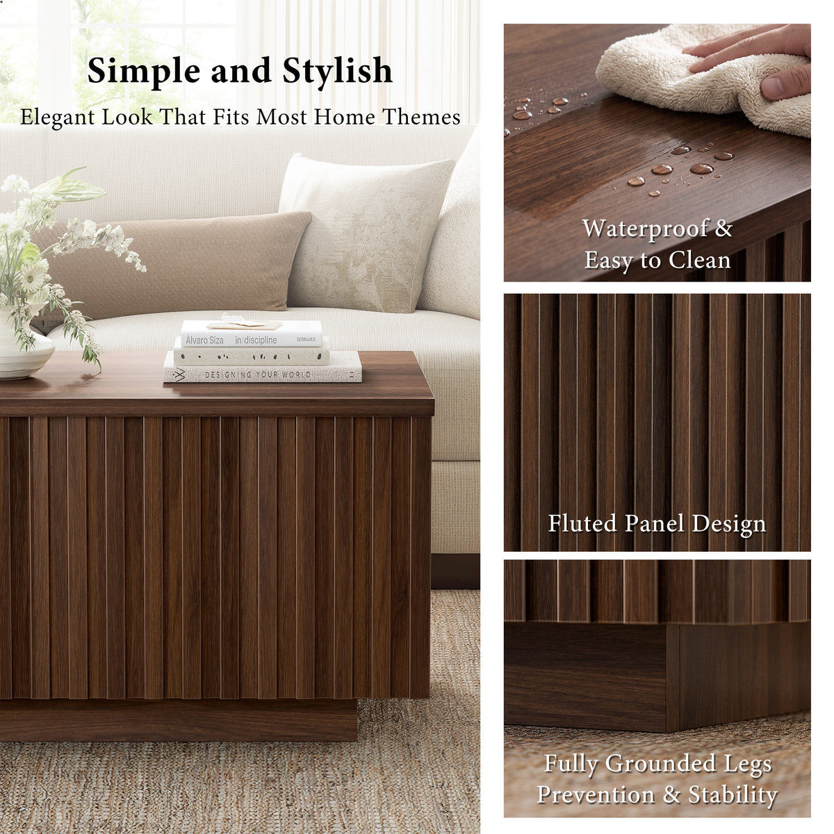 GUNAITO Lift Top Coffee Table with Big Storage, Fluted Rectangle Centre Table for Living Room, Wooden Coffee Table and modern Farmhouse, Walnut