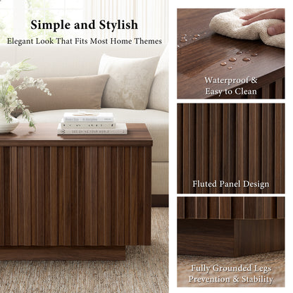 GUNAITO Lift Top Coffee Table with Big Storage, Fluted Rectangle Centre Table for Living Room, Wooden Coffee Table and modern Farmhouse, Walnut
