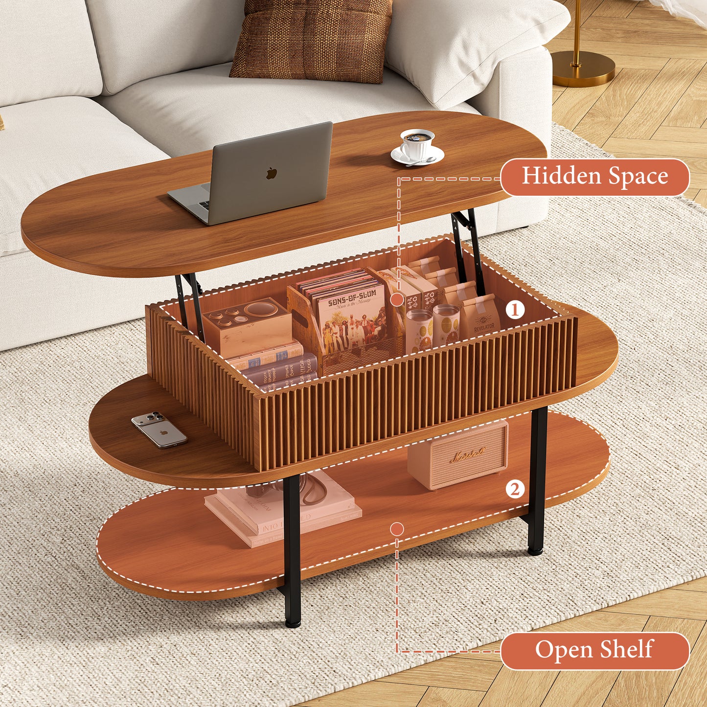 GUNAITO Lift Top Coffee Table with Storage, Modern Farmhouse Center Table with Shelf 2 Tier for Living Room, Walnut