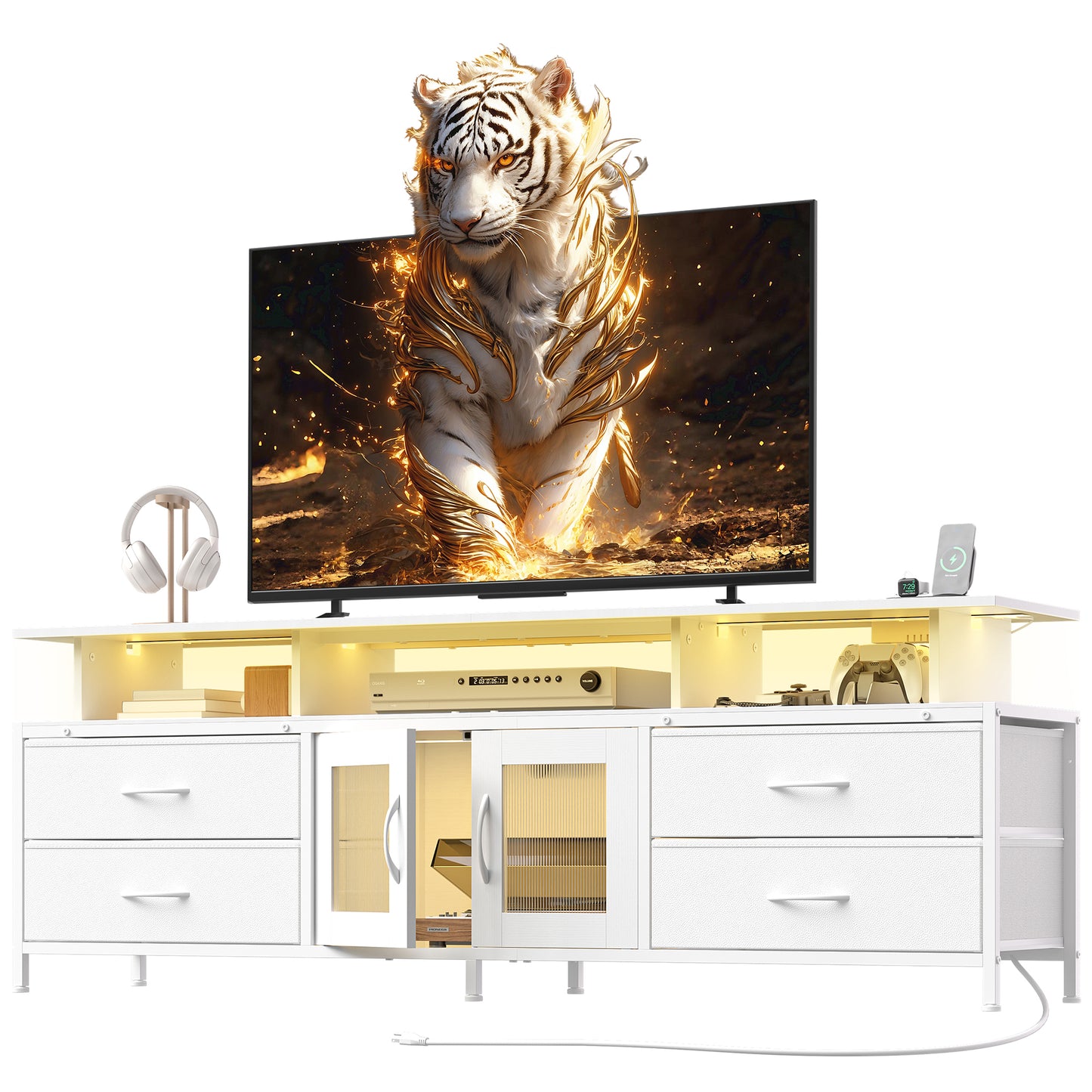 GUNAITO TV Stand for TV up to 75", Big TV Stand for Living Room Entertainment Center with LED Lights and Storage , White