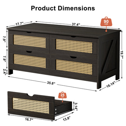 GUNAITO Wooden Coffee Table with 4 Drawers, Weave Rattan Table for Living Room, 42''H in, Dark gray, Rectangle