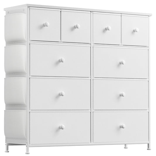 GUNAITO 10 Drawers Dresser with Side Pockets for Adults Fabric Chest of Drawers for Bedroom White