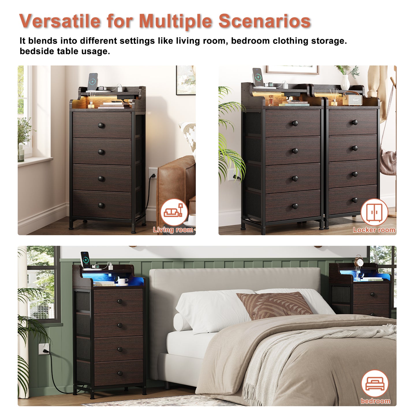 GUNAITO 4 Drawer Dresser for Bedroom with Charging Station and LED Lights, Brown Chest of Drawers with Shelves, Tall Night Stand with Sturdy Steel Frame & Wood Top for Bedroom - Dark Brown