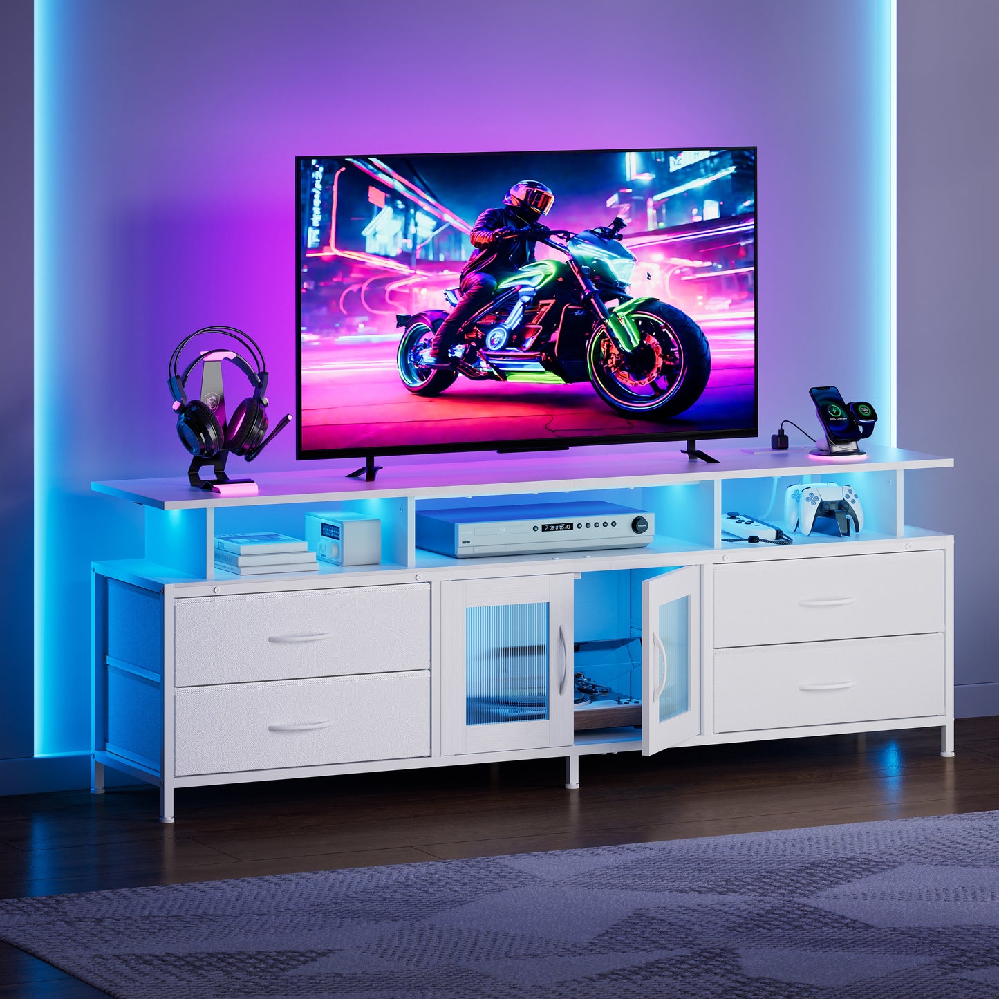GUNAITO TV Stand for TV up to 75", Big TV Stand for Living Room Entertainment Center with LED Lights and Storage , White