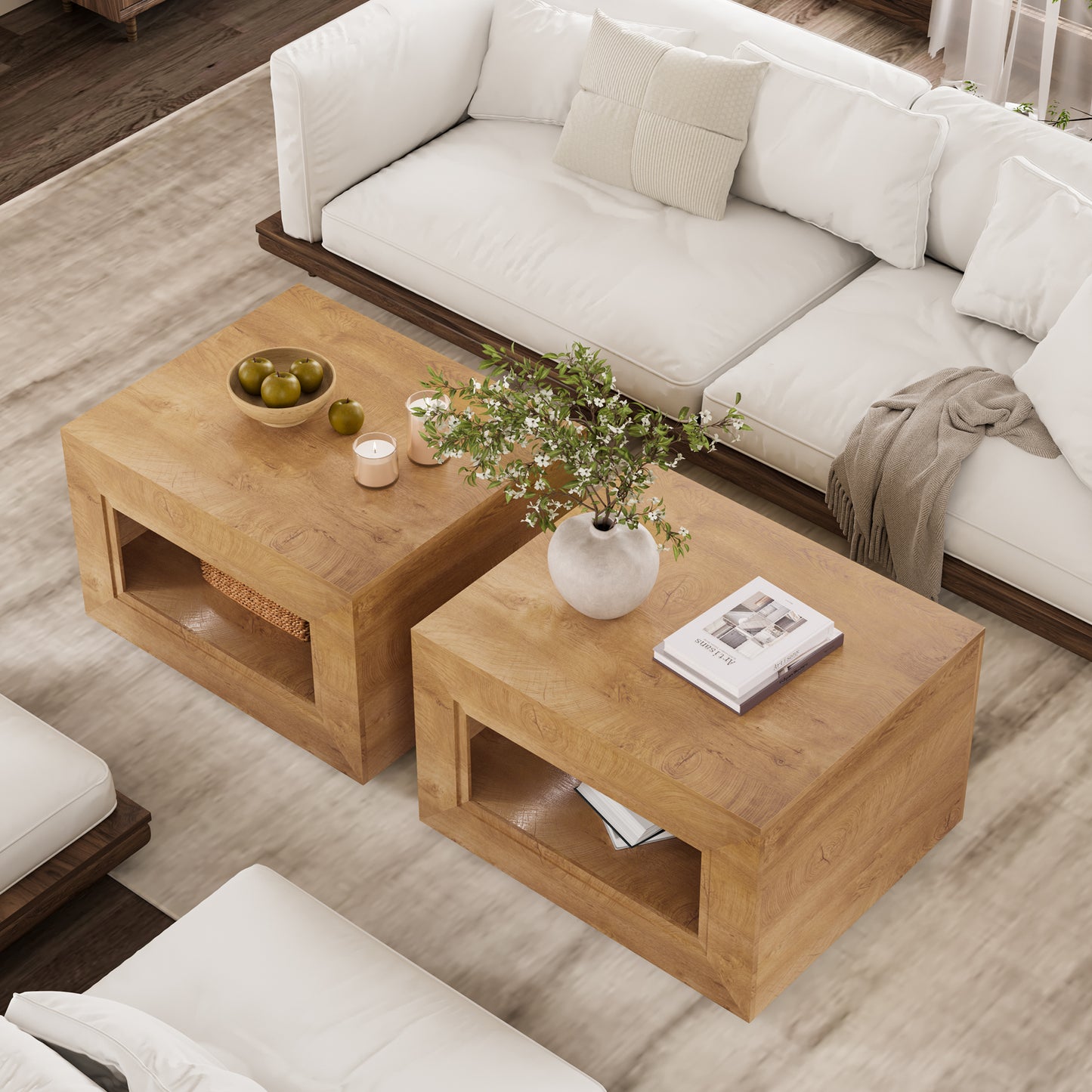 GUNAITO Lift Top Coffee Table with Storage, Wooden Convertible Coffee Table with LED Lights for Living Room, Square Center Table, Natural wood