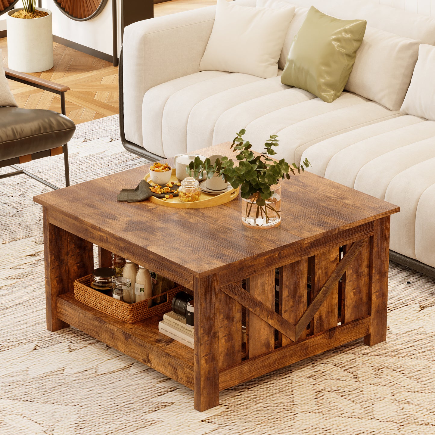 GUNAITO Lift Top Coffee Table with Storage Cabinet and 2 Compartments for Living Room, brown, 31.5''Hx31.5''W in