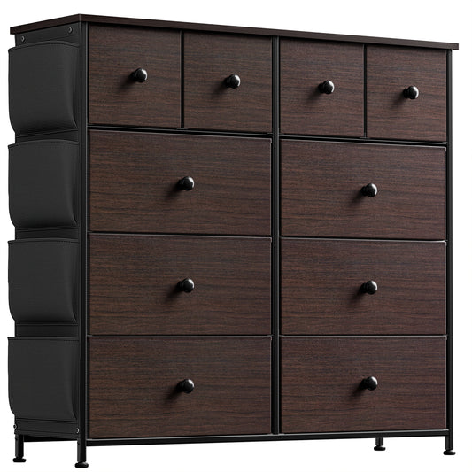 GUNAITO 10 Drawer Dresser Chest of Drawers Dressers for Bedroom with Fabric Drawer, Side Pockets for Adults and Kids Brown