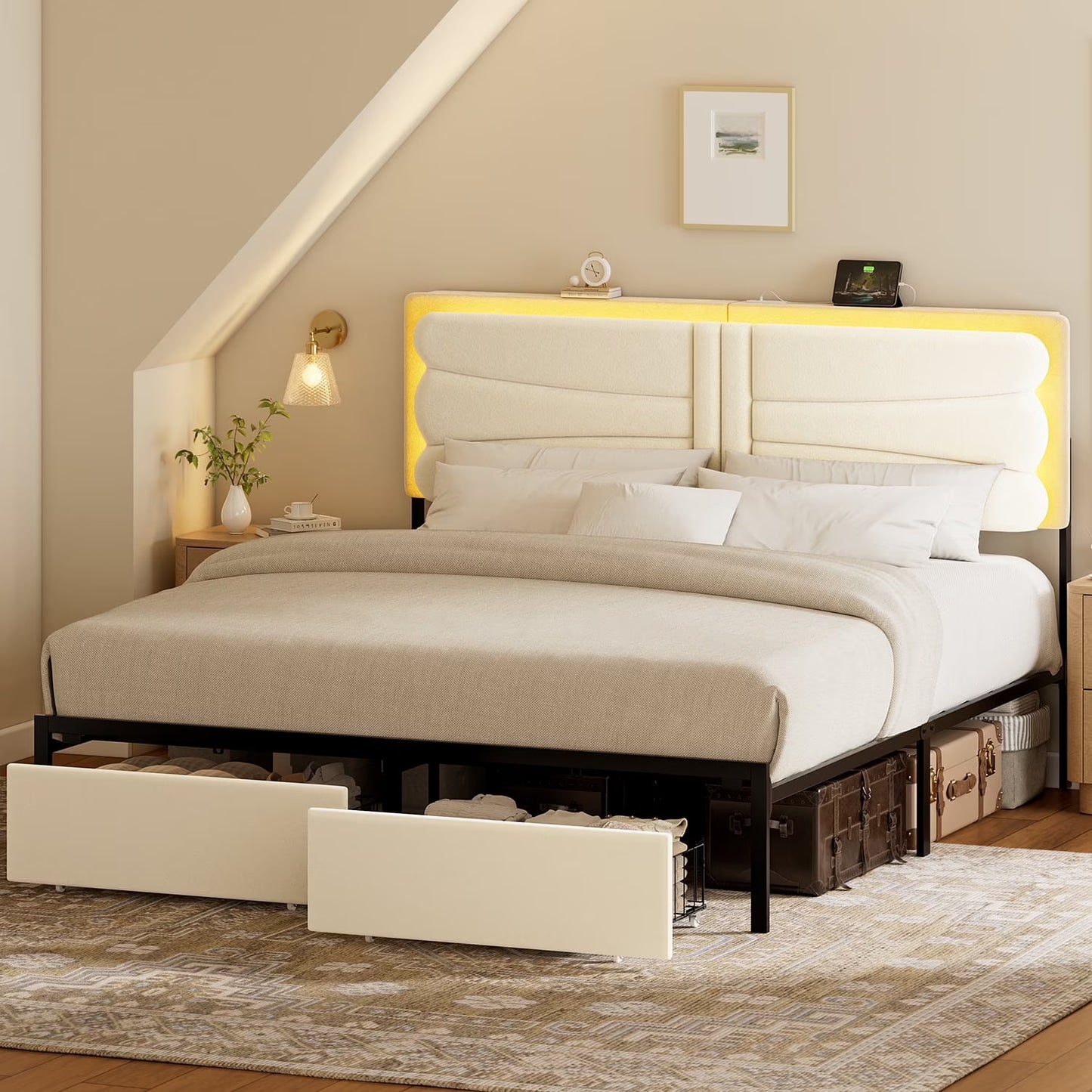 GUNAITO King Bed Frame with Adjustable and Rechargeable Headboard,2 Storage Drawers and RGB LED Lights,Velvet Upholstered Platform Bed,Strong Metal Slats£¬No Box Spring Needed,Fast Assembly,Beige