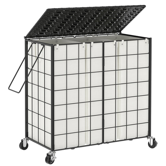 GUNAITO 135L Laundry Basket with Lid and Wheels, Iron Wire Laundry Hamper with Wicker Lid and 3 Removable Liner Bags, Rolling Hamper with Handle (Black & Beige)