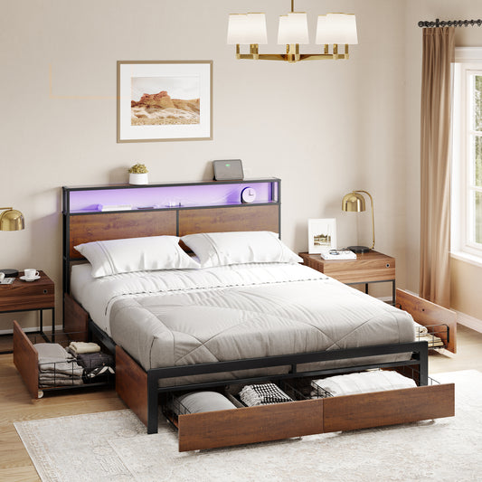 GUNAITO Full Size Bed Frame with Headboard and 4 Storage Drawers LED Bed Frame with USB Ports & Outlets Rustic Brown