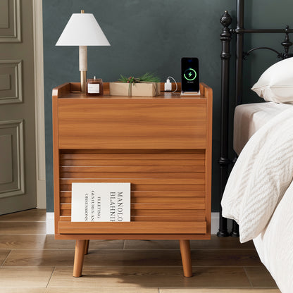 GUNAITO Nightstand with Charging Station Bedside Table with LED Light Wood Nightstand with Wave Texture Drawers End Table with USB Ports and Outlets for Small Space Caramel 1pc