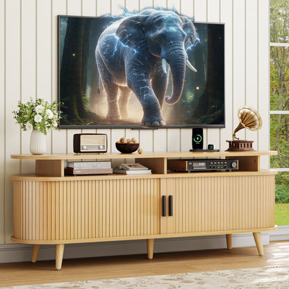 GUNAITO TV Stand for TVs up to 70", Wood TV Stand for Living Room with LED Lights , Entertainment Center with Storage and Shelves, Natural wood