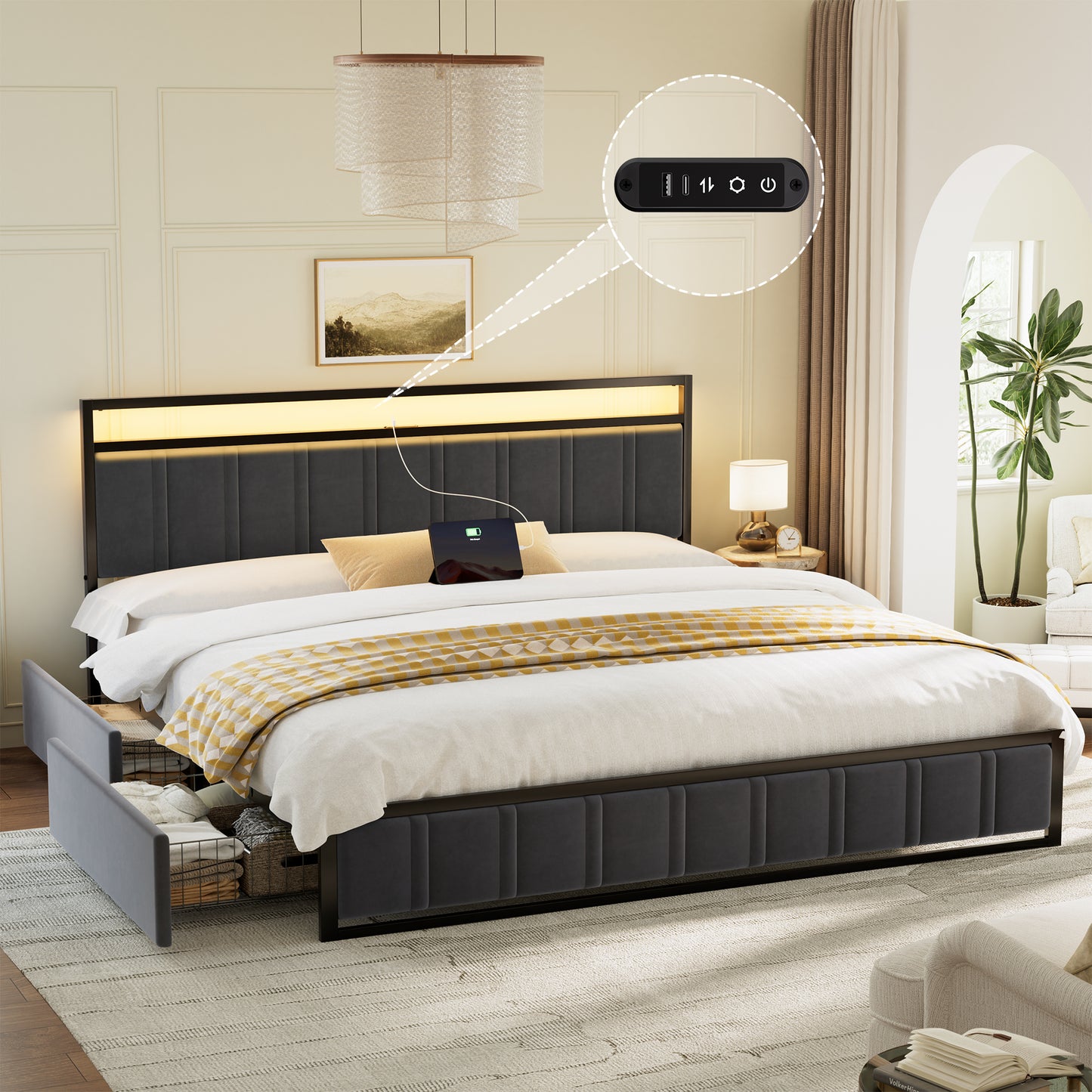 GUNAITO King Bed Frame with Headboard, Platform Bed with 2 Drawers, Velvet Upholstered Bed Frame with LED Lights & Charging station，Dark Grey