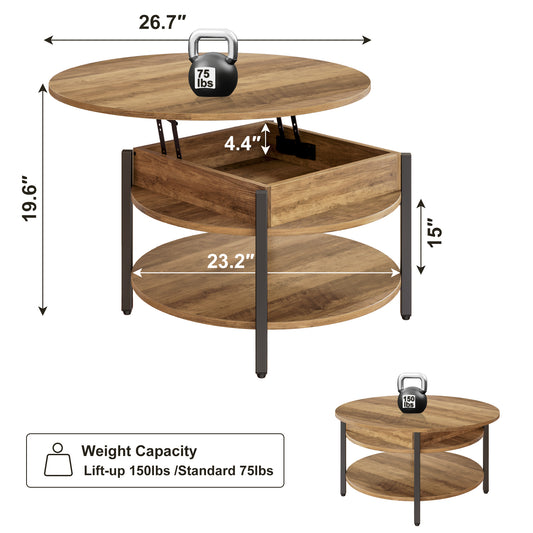 DOVEAID Round Lift Top Small Coffee Table with Storage Modern Farmhouse Center Table with Shelf Small Circle Table for Living Room,Light brown