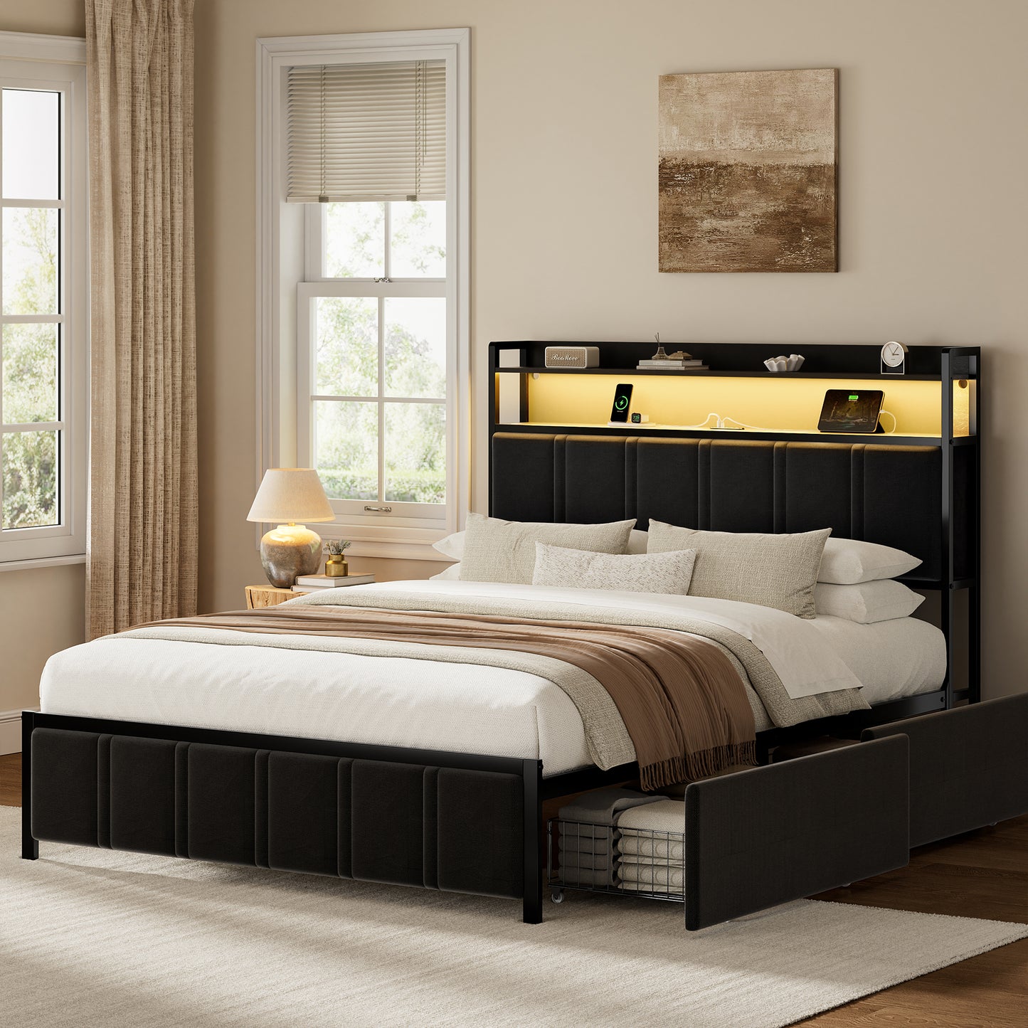 GUNAITO Queen Bed Frame with Storage Headboard, 2 Drawers Platform Upholstered LED Bed Frame with USB Ports & Outlets Black