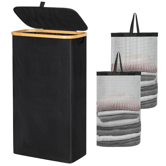 BGTREND Slim Laundry Hamper with Lid 75L Foldable Clothes Basket with 2 Removable Mesh Bags & Bamboo Handle for Closet Bathroom Bedroom (27.5 inches, Black)