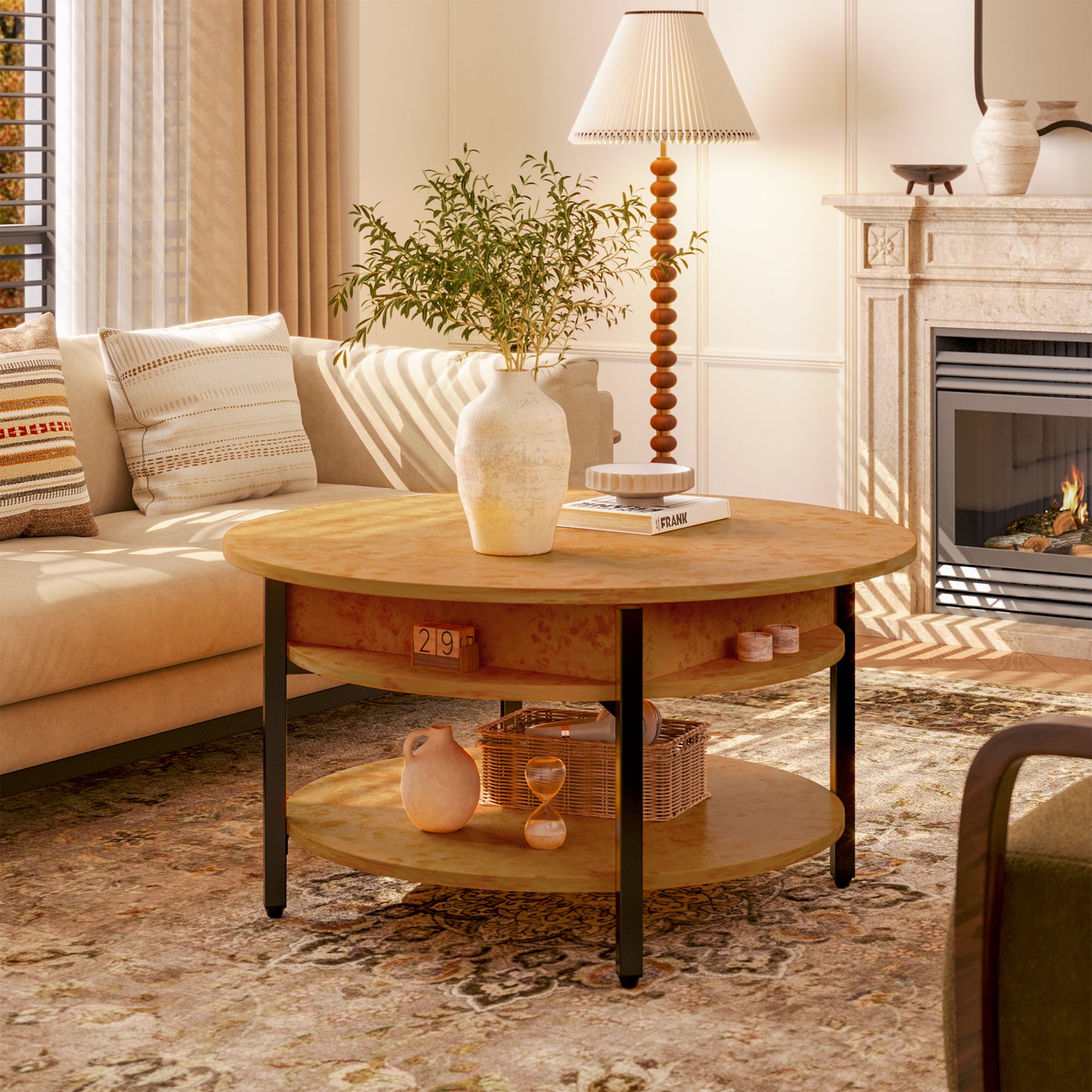 GUNAITO Round Lift Top Small Coffee Table with Storage, Modern Farmhouse Center Table with Shelf 2 Tier Circle Table for Living Room, Natural Burl