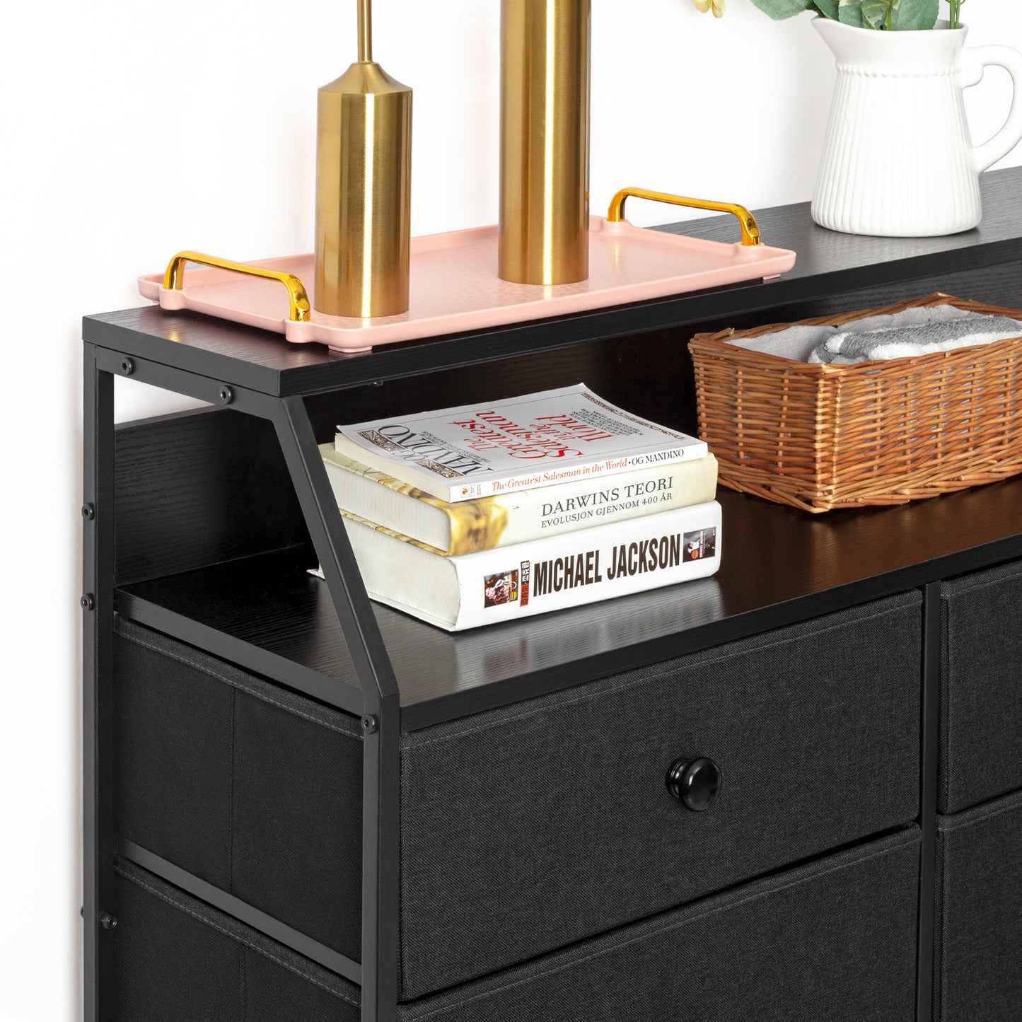 GUNAITO 8 Drawers Dresser For Bedroom Black Grey Finish Wood Top