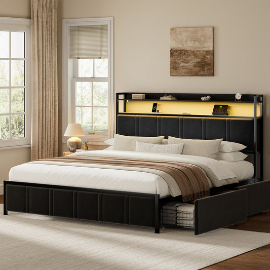 GUNAITO King Bed Frame with Storage Headboard, 2 Drawers Platform Upholstered LED Bed Frame with USB Ports & Outlets Black