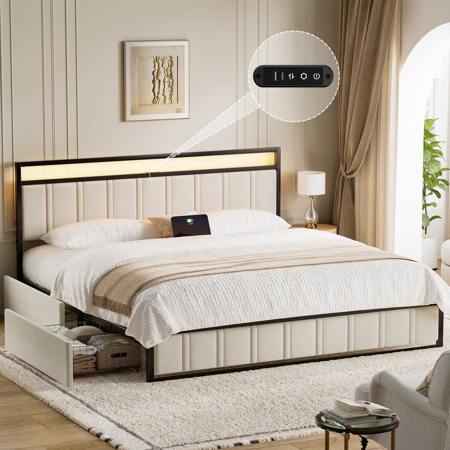 GUNAITO King Bed Frame with Headboard, Platform Bed with 2 Drawers, Velvet Upholstered Bed Frame with LED Lights & Charging station，Beige
