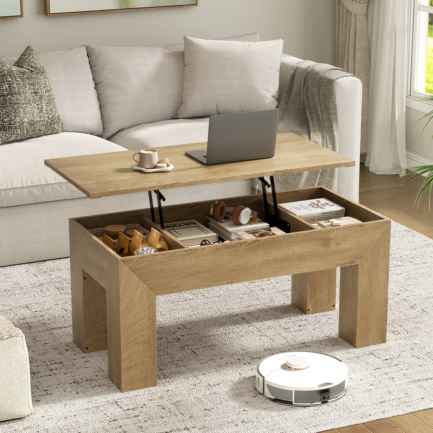 GUNAITO Lift Top Coffee Table with Storage, Wooden Convertible Coffee Table for Living Room, Farmhouse Center Table, Natural