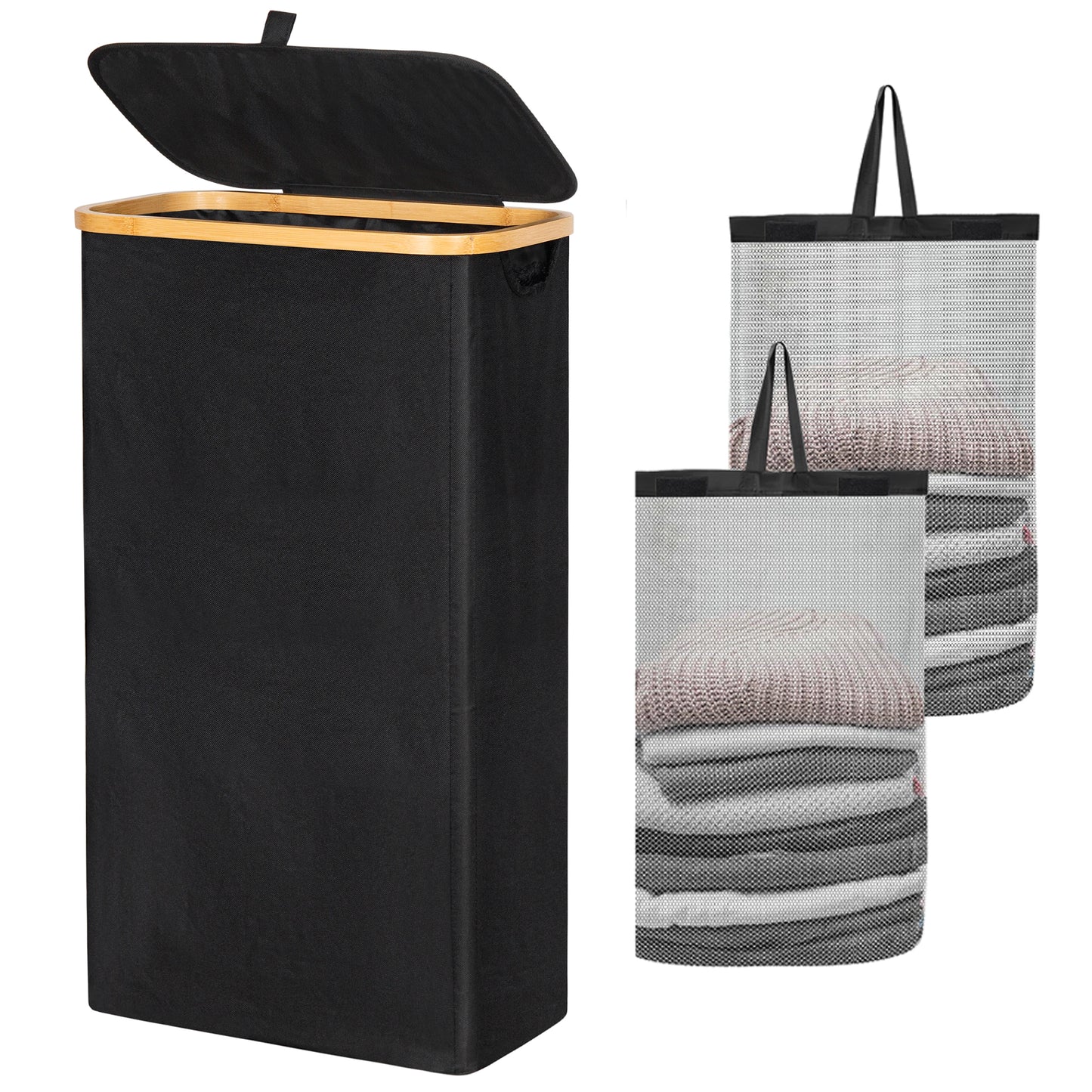 BGTREND Slim Laundry Hamper with Lid 110L Foldable Clothes Basket with ABS Handle for Closet Bathroom Bedroom (Black)