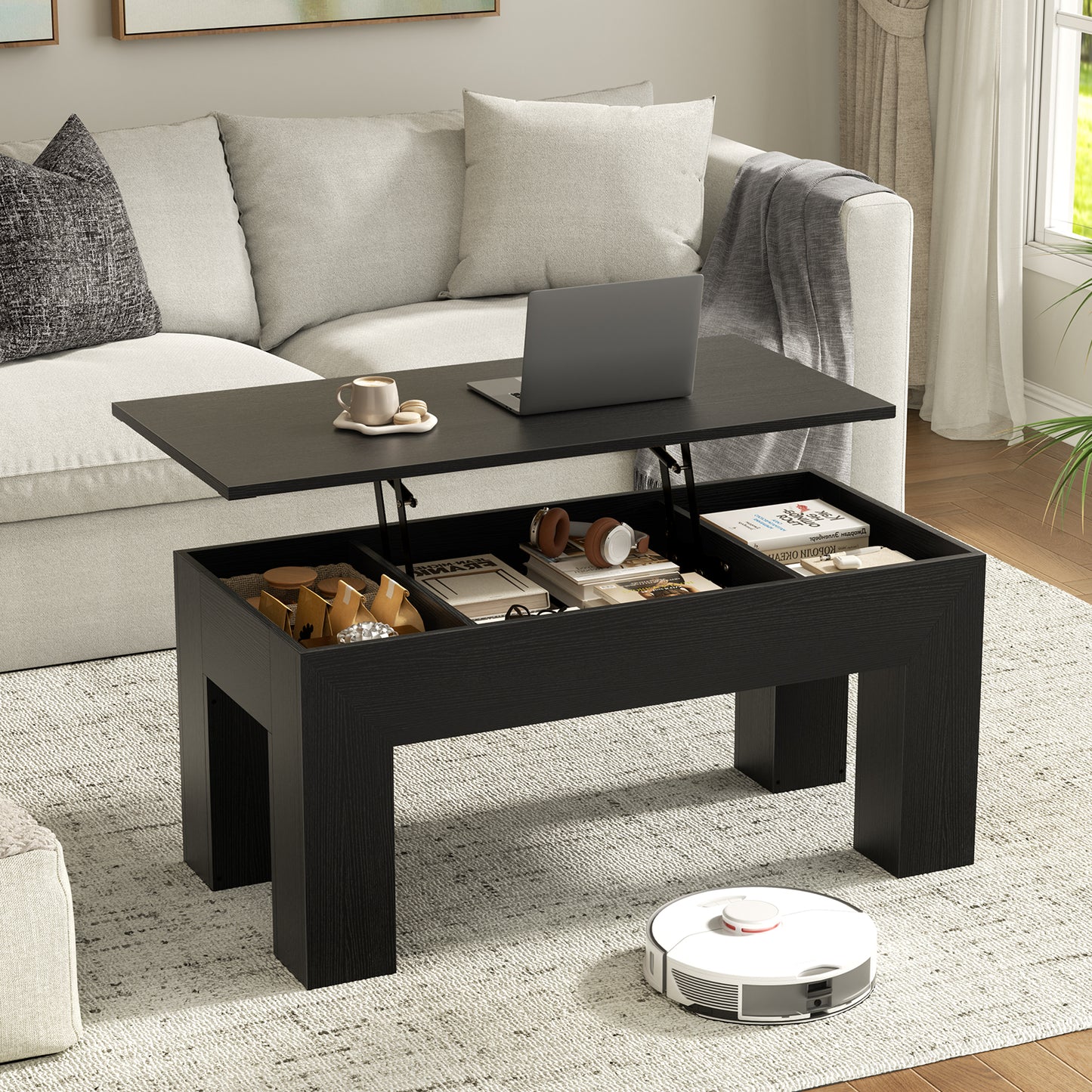 GUNAITO Lift Top Coffee Table with Storage, Wooden Convertible Coffee Table for Living Room, Farmhouse Center Table, Black