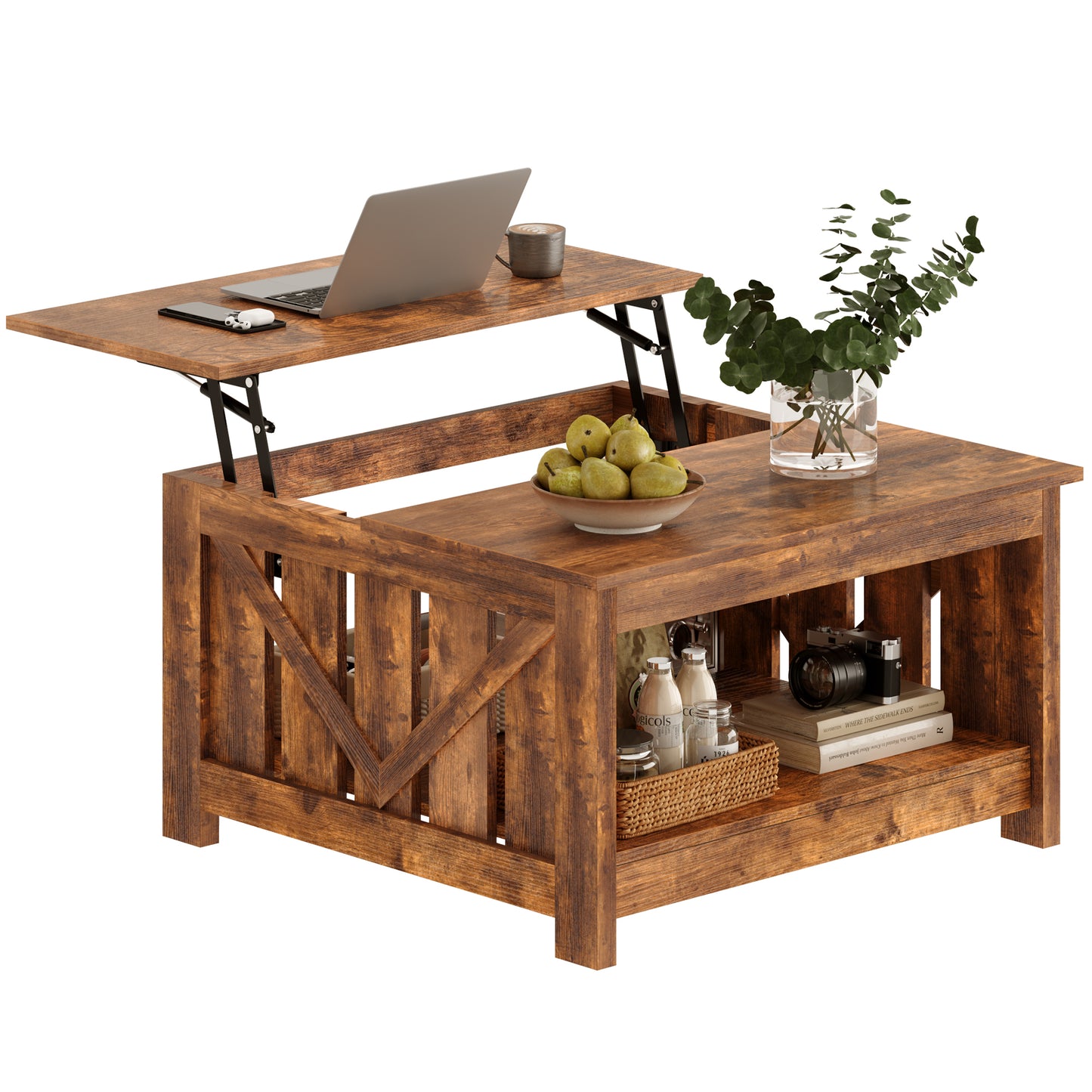 GUNAITO Lift Top Coffee Table with Storage Cabinet and 2 Compartments for Living Room, brown, 31.5''Hx31.5''W in