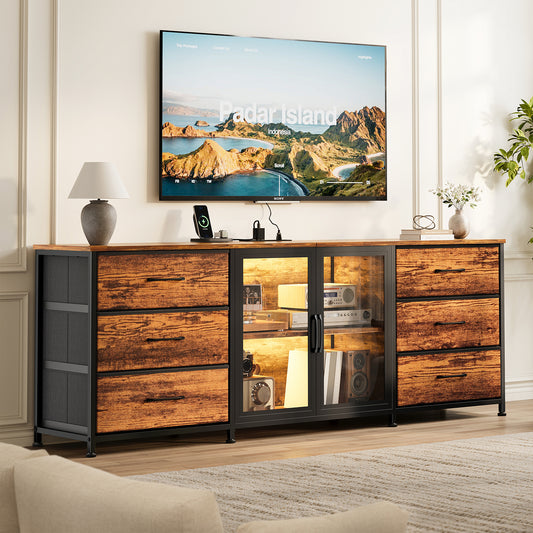 GUNAITO TV Stand for TVs up to 75", Entertainment Center with 6 Fabric Drawers and LED Lights, Big TV Stand with Media Console Storage Cabinet for Living Room, Brown