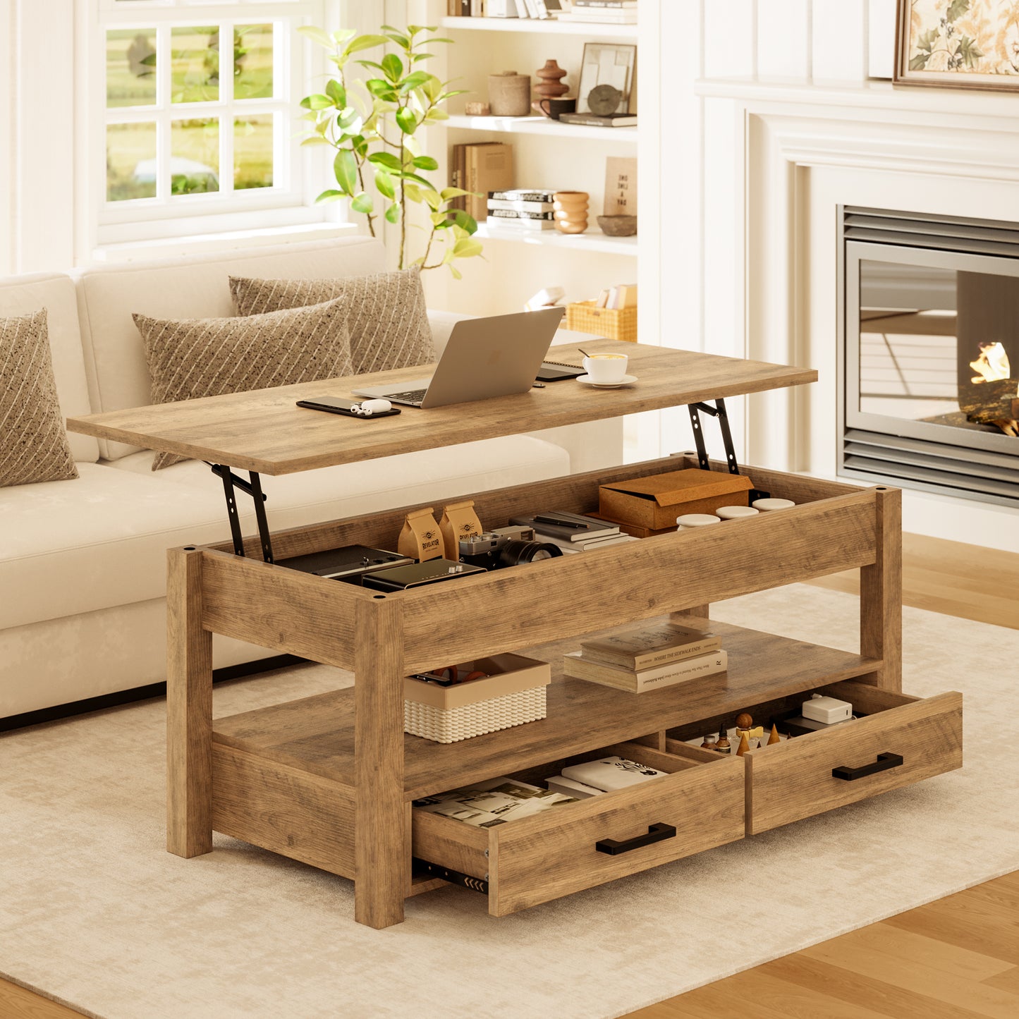 GUNAITO Lift Top Coffee Table with 2 drawers, Light Brown Wooden Convertible Coffee Table with Storage for Living Room, center Table, 42"