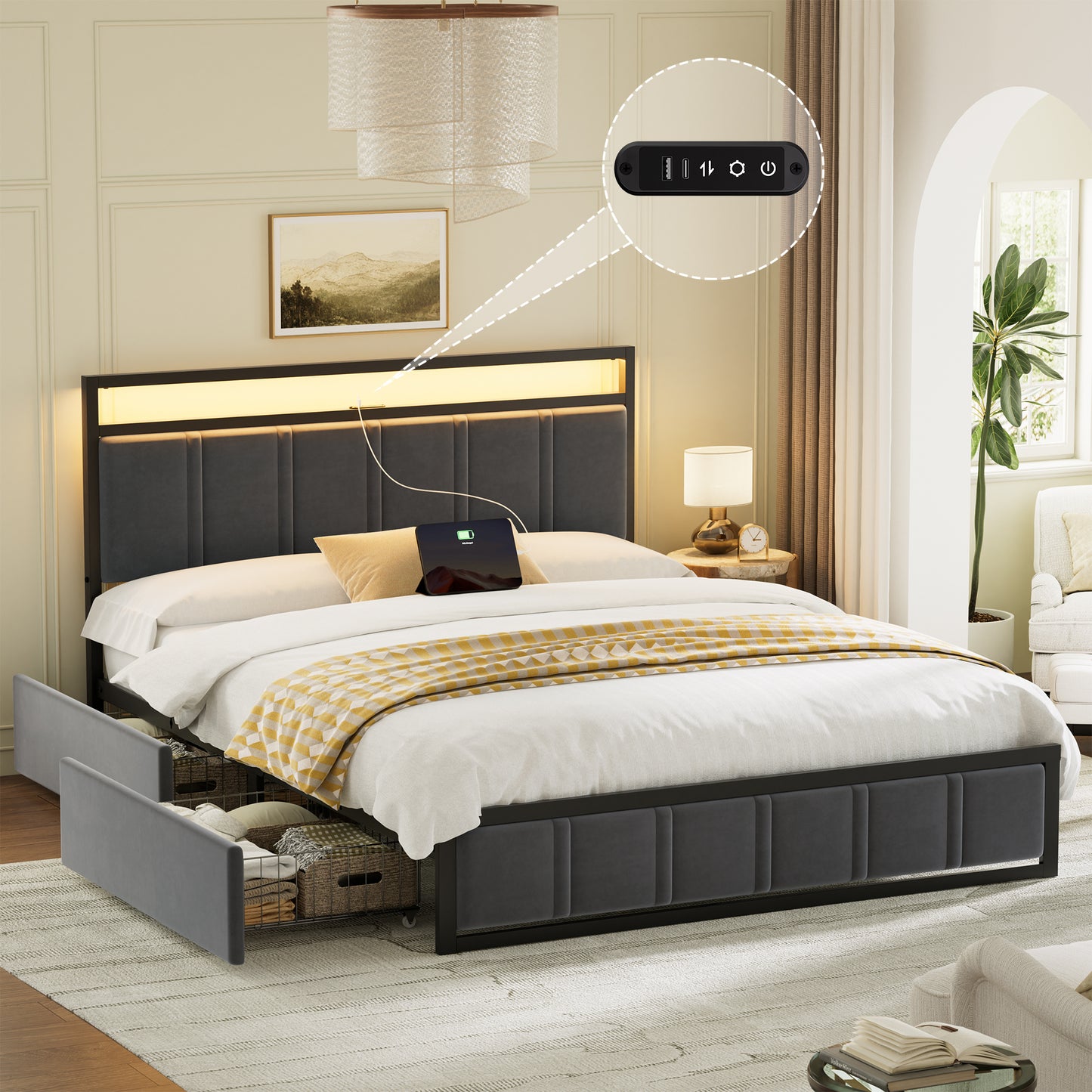 GUNAITO Queen Bed Frame with Headboard, Platform Bed with 2 Drawers, Velvet Upholstered Bed Frame with LED Lights & Charging station，Dark Grey