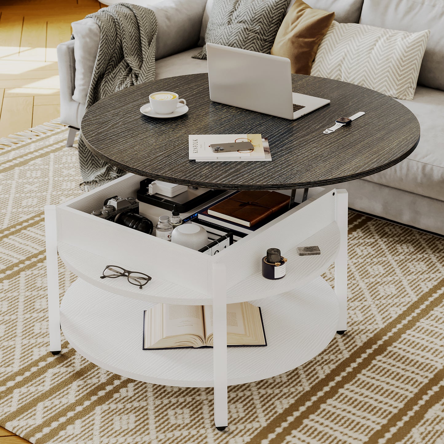 GUNAITO Round Lift Top Coffee Table with Storage Farmhouse Circle Table with Hidden Compartment Large 2 Tier Modern Center Table for Living Room,White