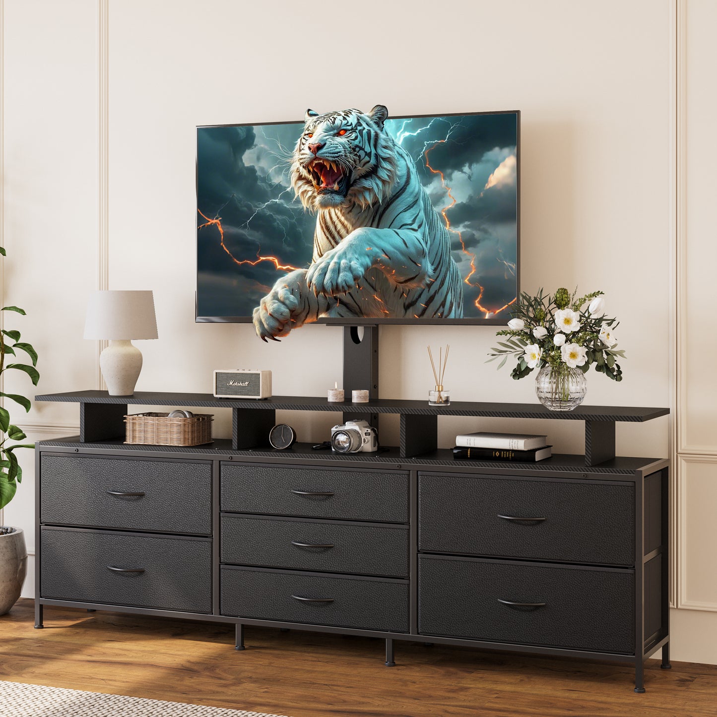 GUNAITO TV Stand with Adjustable Mount for TV up to 75", Big TV Stand for Living Room with Storage , Black