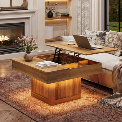 GUNAITO Lift Top Coffee Table with LED Lights, Modern Farmhouse Center Table with Storage, 31.5''Hx31.5''Wx19''D, Light Brown