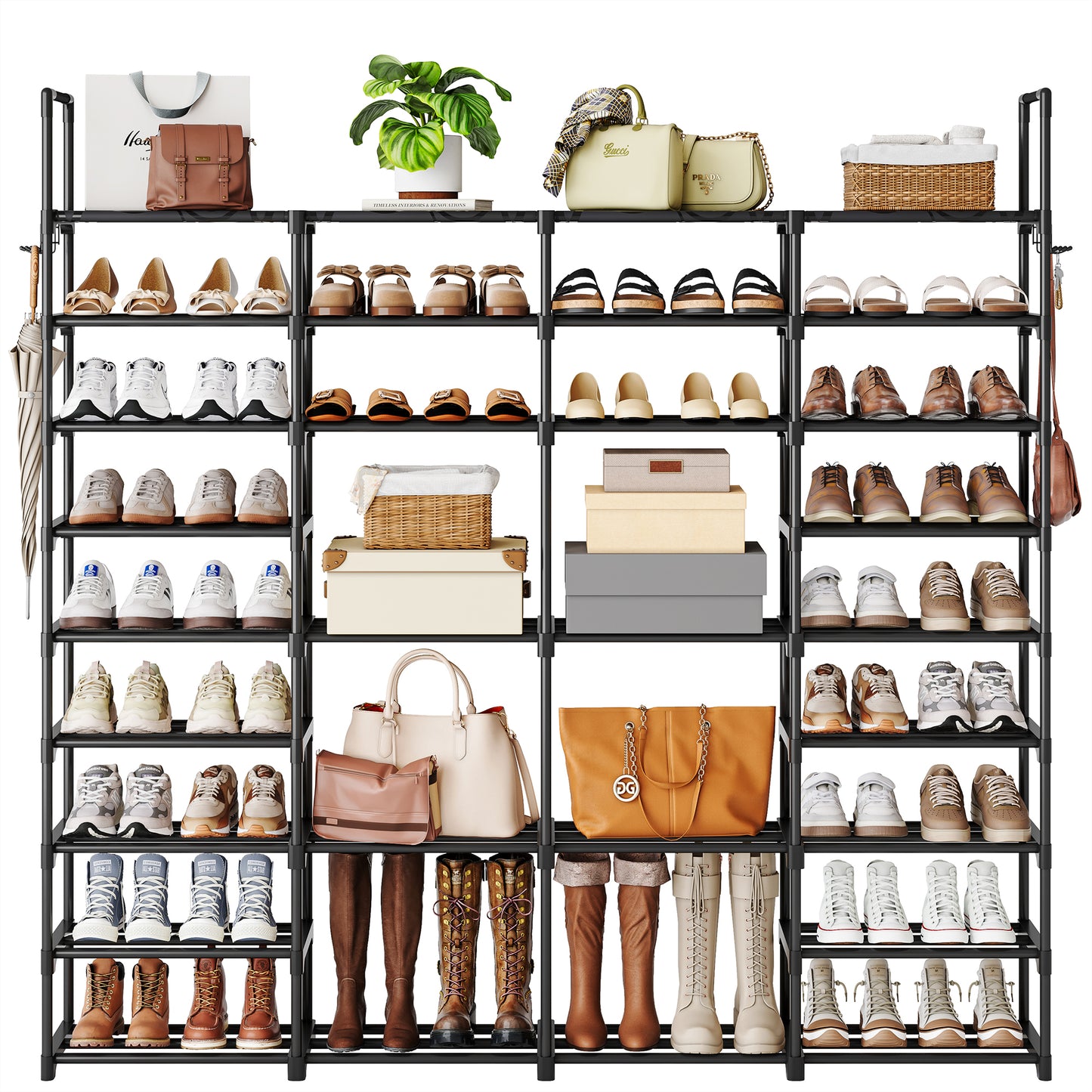 BGTREND 9 Tiers Large Shoe Rack 4 Columns Metal Shoe Storage Organizer 60-65 Pairs Joinable Shoe Tower for Closet Entryway (62 inches, Black)