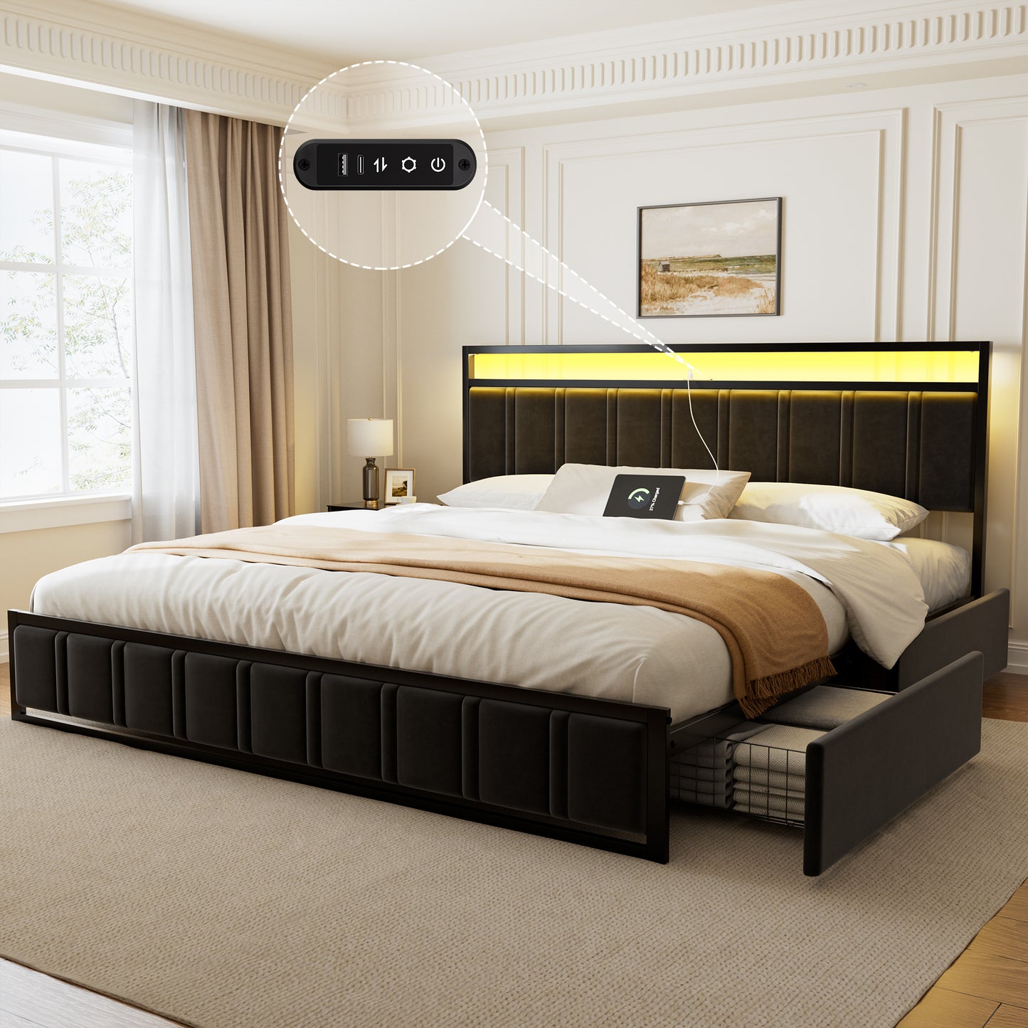 GUNAITO King Bed Frame with Headboard, Platform Bed with 2 Drawers, Velvet Upholstered Bed Frame with LED Lights & Charging station，Black