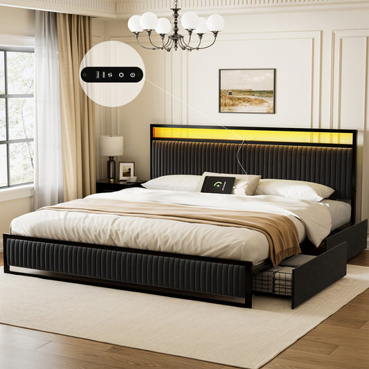 GUNAITO King Bed Frame with 2 Drawers Headboard Platform LED Bed Frame with 2 Storage Drawers USB Ports & Outlets Black