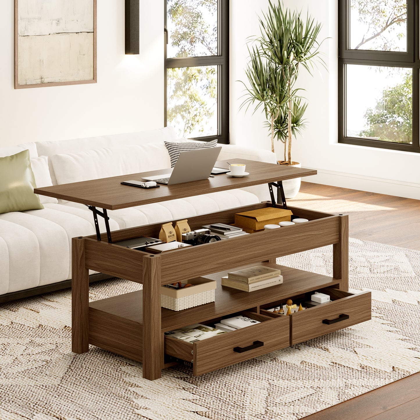 GUNAITO Lift Top Coffee Table with 2 Drawers, Wooden Coffee Table with Storage Cabinet and Hidden Compartments for Living Room, light brown, Rectangle