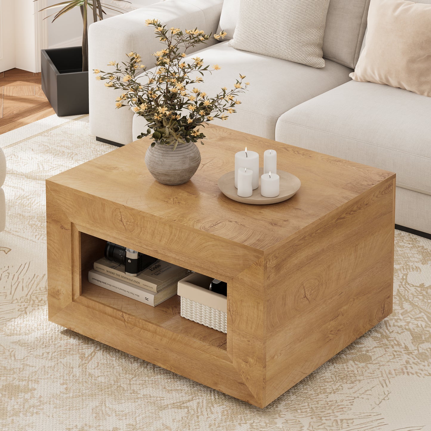 GUNAITO Lift Top Coffee Table with Storage, Wooden Convertible Coffee Table with LED Lights for Living Room, Square Center Table, Natural wood