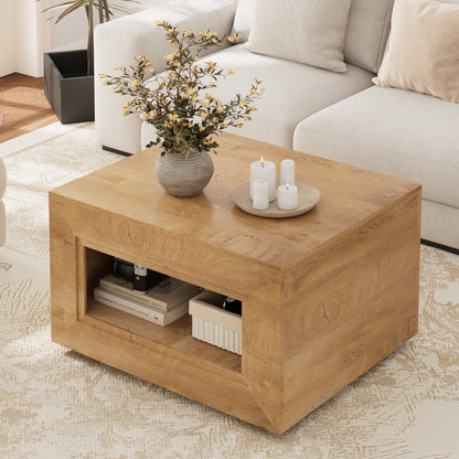 GUNAITO Lift Top Coffee Table with Storage, Wooden Convertible Coffee Table with LED Lights for Living Room, Square Center Table, Natural wood