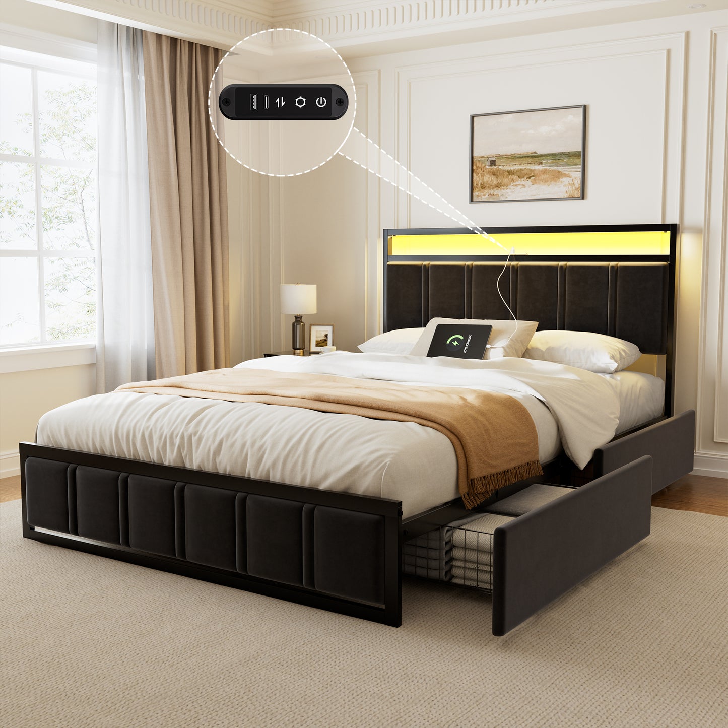 GUNAITO Full Bed Frame with Headboard, Platform Bed with 2 Drawers, Velvet Upholstered Bed Frame with LED Lights & Charging station，Black