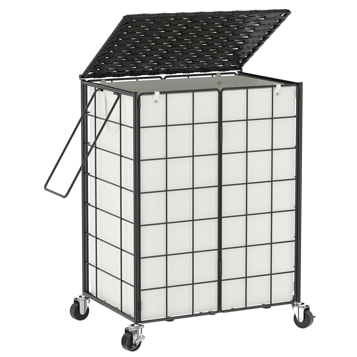 GUNAITO 95L Laundry Basket with Lid and Wheels, Iron Wire Laundry Hamper with Rattan Lid and Removable Liner Bag, Rolling Hamper with Handle (Black & Beige)