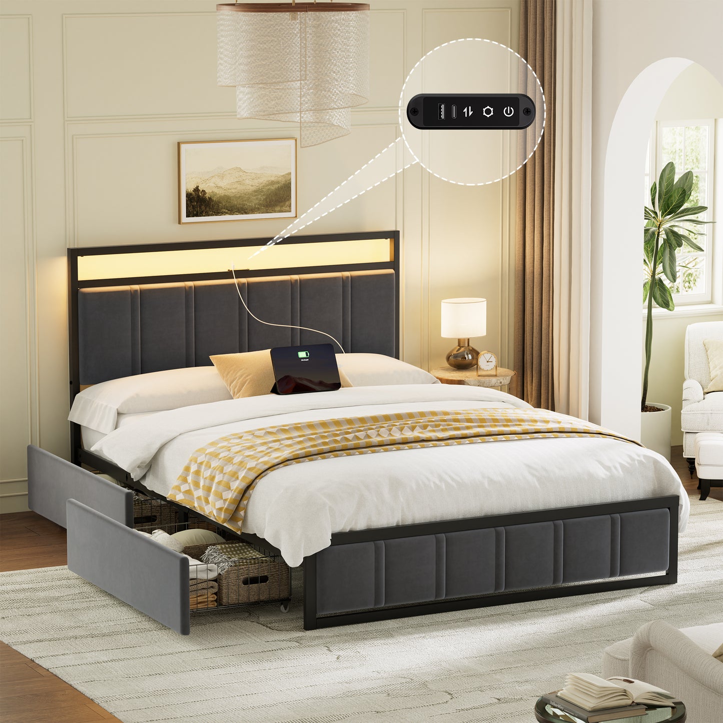 GUNAITO Full Bed Frame with Headboard, Platform Bed with 2 Drawers, Velvet Upholstered Bed Frame with LED Lights & Charging station，Dark Grey