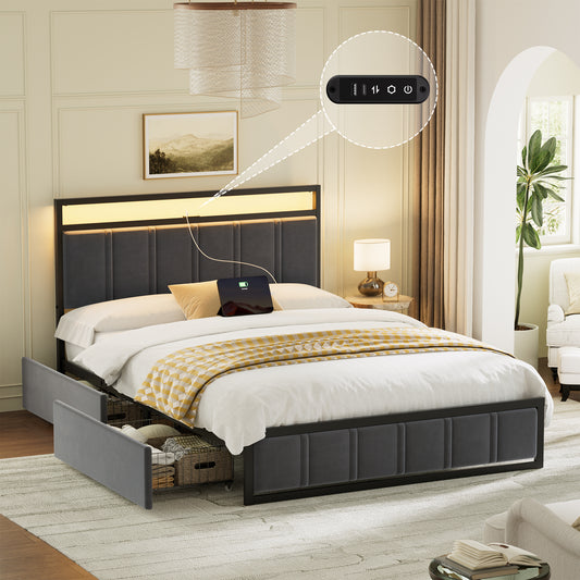 GUNAITO Full Bed Frame with Headboard, Platform Bed with 2 Drawers, Velvet Upholstered Bed Frame with LED Lights & Charging station，Dark Grey