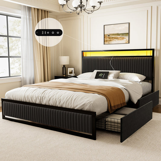 GUNAITO Queen Bed Frame with 2 Drawers Headboard Platform LED Bed Frame with 2 Storage Drawers USB Ports & Outlets Black