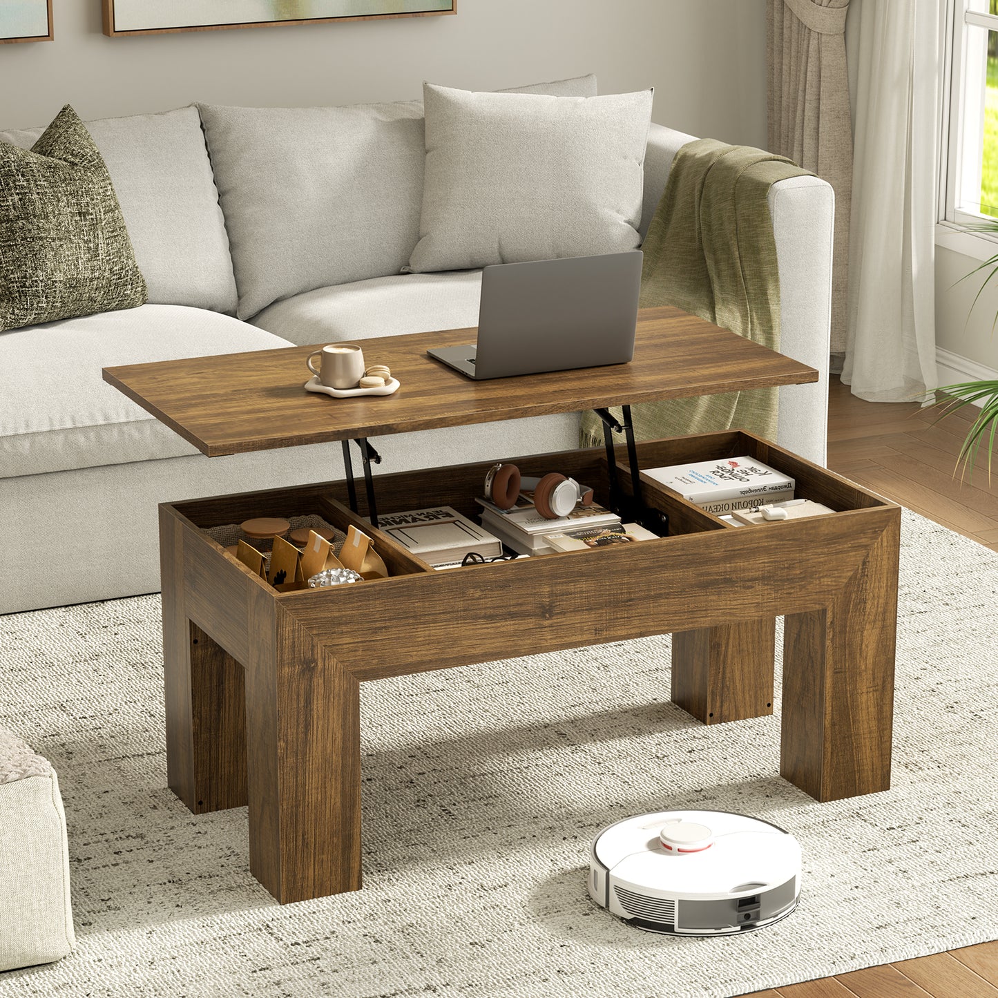 GUNAITO Lift Top Coffee Table with Storage, Wooden Convertible Coffee Table for Living Room, Farmhouse Center Table, Rustic Brown