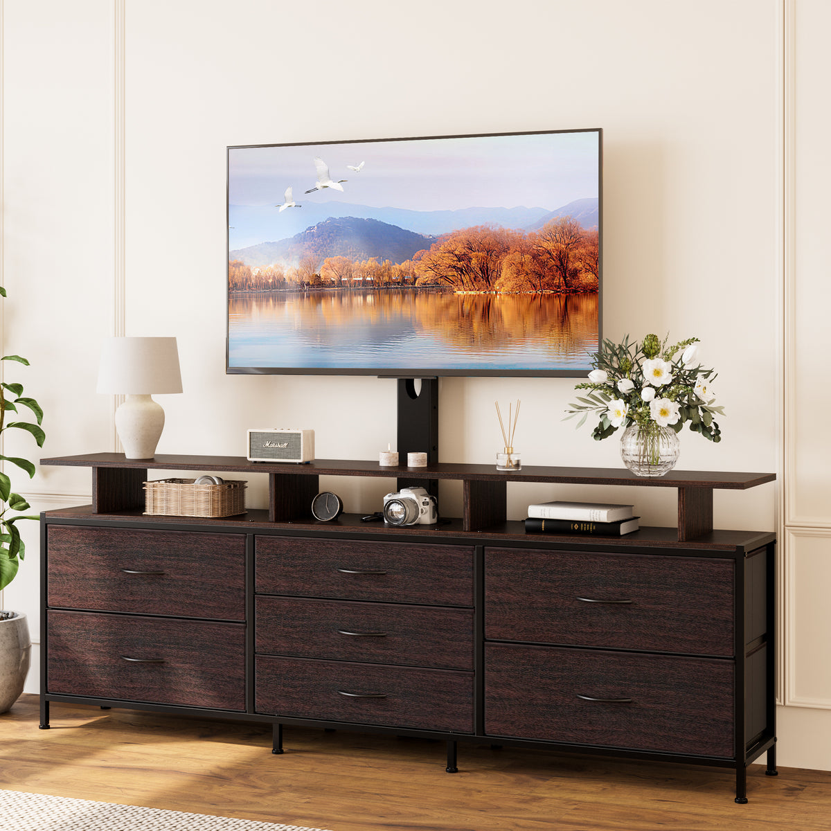 GUNAITO TV Stand with Adjustable Mount for TV up to 70", Big TV Stand for Living Room with Storage , Dark brown